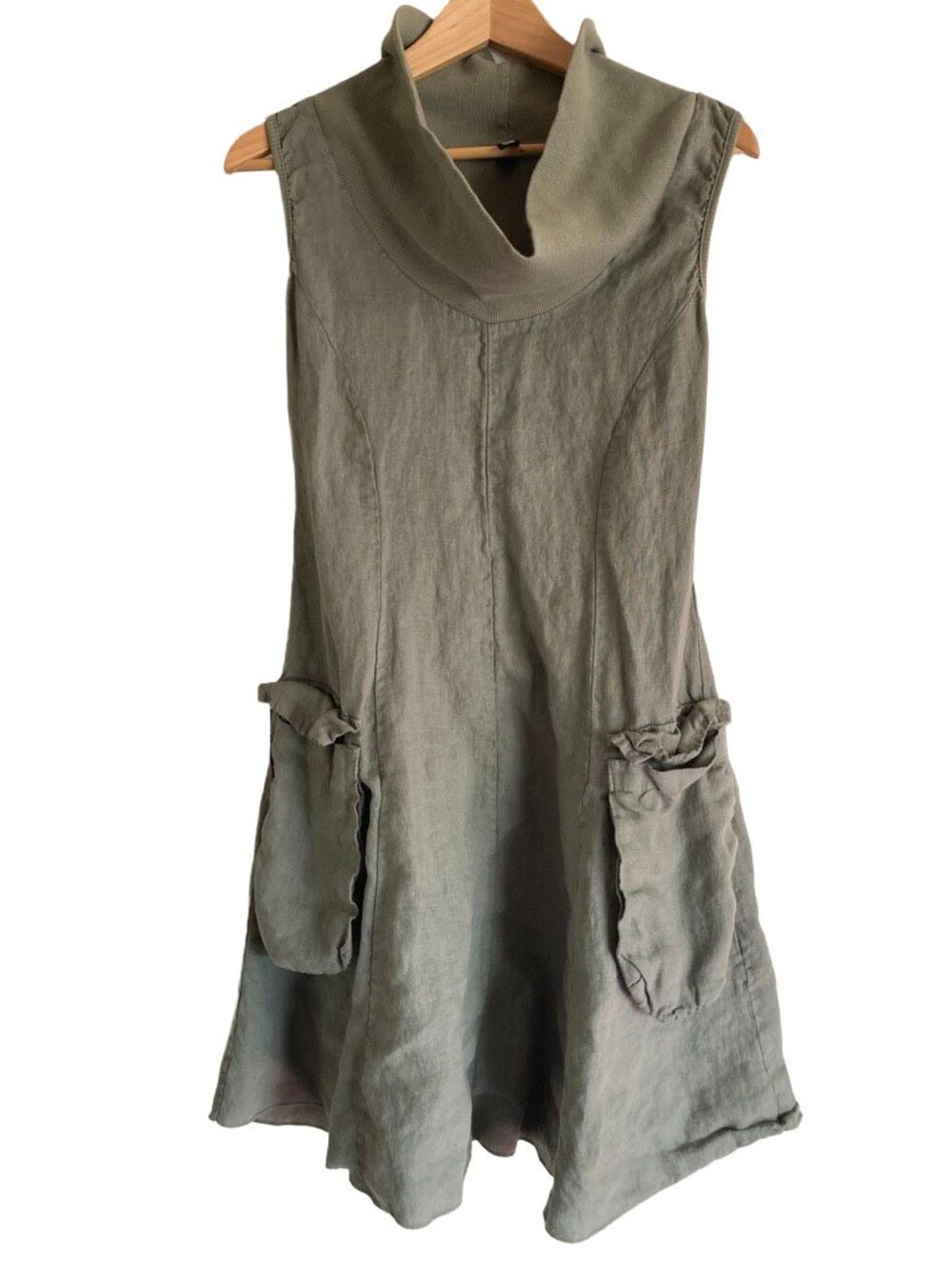 Inizio Linen Dress M • Sage Green Cowl Neck • Sleeveless Pockets Made Italy